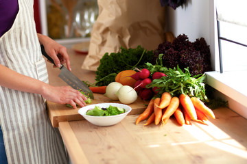 Young woman cutting vegetables in the kitchen