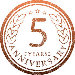 Vintage anniversary 5 years round grunge round stamp. Retro styl