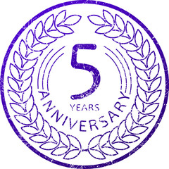 Vintage anniversary 5 years round grunge round stamp. Retro styl