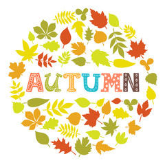 Autumn. Round frame with leaves. Background with hand drawn autu