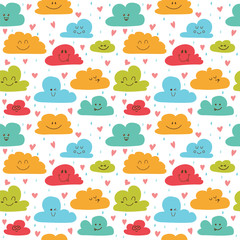 Cute hand drawn seamless pattern with clouds, drops and hearts.