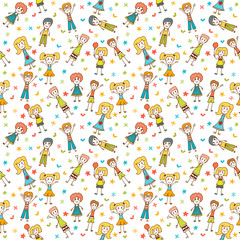 Obraz premium Hand drawn seamless pattern with happy children. Funny backgroun