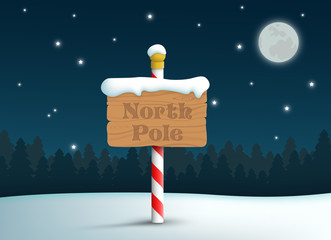 North Pole Wooden Sign With Snow And Stars Background