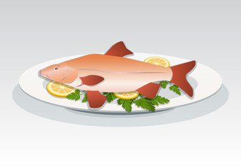 Fish icon. Crucian on white plate with lemon and herbs. Food, seafood dish symbol. Vector isolated