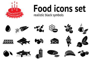 Food icon set. Fish sweets mushrooms honey tea cake icecream fruit vegetables egg milk cheese carrot chocolate bread banana apple. Meal, delivery symbols. Vector