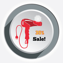 Professional red blow hairdryer and two-pin plug. Christmas sale label. Round circle white-gray button with shadow. Vector
