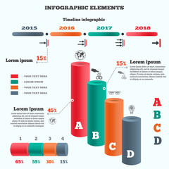 Infographics elements. Columns chart with icons and shadow. Business banner of four options. Cylinder solid, timeline diagram. Vector - 97690235