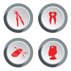 Teeth, dentist, stomatologist icon set. Medicine, health symbols. Round button with shadow. Vector