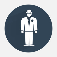Businessman icon. Mafia gangster silhouette symbol. Standing men in suit, hat, boutonniere, scarf. Round gray icon with shadow. Vector