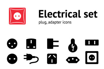 Electric plug, adapter, socket base icon set. Power energy symbol. Black icons on white. Vector isolated