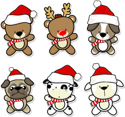 cute baby animals with christmas hat and scarf