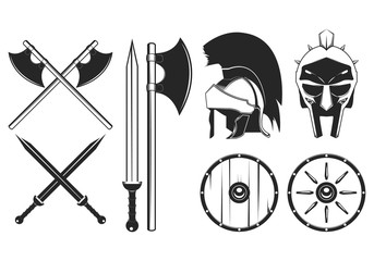Gladiator weapon set. Axe, sword, shield, helmet vector illustration
