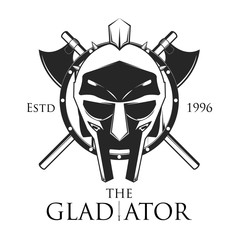 Gladiator shield with crossed axe vector illustration, logo design - obrazy, fototapety, plakaty