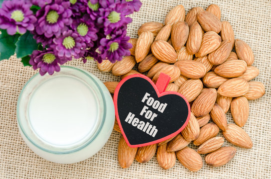 Almond with milk almond and food for health tag.