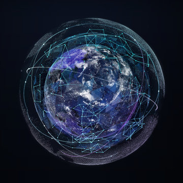 Earth planet global network communication. Satellite night navigation