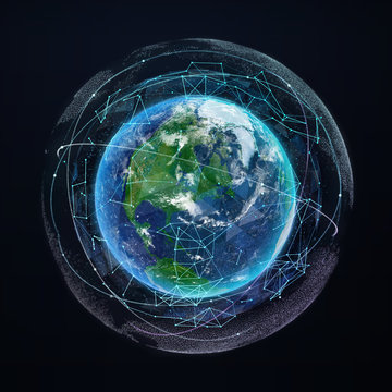 Earth planet global network communication. Satellite navigation. Digital illustration
