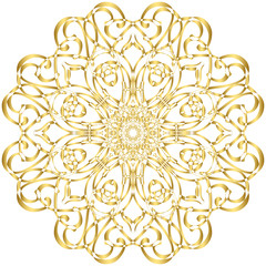 Gold circular pattern Kaleidoscope. East ornament. Mandala. Good for greeting cards, invitations. Print on fabric and paper.