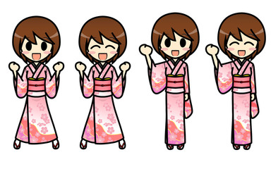 シンプルキャラクター 会話・表情イラスト集 和服 女性 ガッツポーズ2