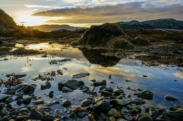 The sun setting over the ocean. Scandinavian landscape.