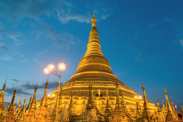 Yangon, Myanmar view of Shwedagon Pagoda at night.