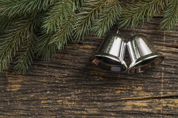 Still life of christmas ornament and tree branch on wooden board - Powered by Adobe