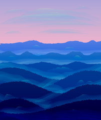 Panorama of hills. Sunset. Mist.