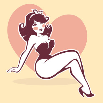 sexy pinup girl on beige background, vector greeting card