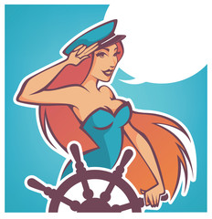 Sexy pinup sailor girl with speech bubble, vector illustration