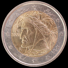National side of Italy two euro coin on black background