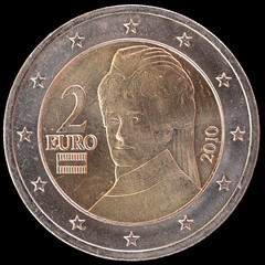 National side of Austria two euro coin on black background