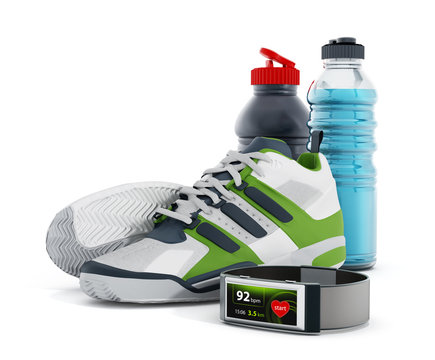 Jogging shoes, water bottles and smartwatch