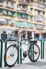Bicycle was locks on footpath in Hongkong