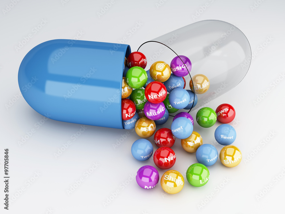 Poster 3d pills with social media and networking concept.
