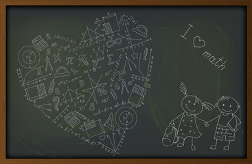 Background with hand-drawn simple icons on the theme of mathematics  and learning on the background of school board