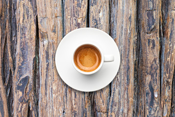 top view a cup of espresso coffee wooden table