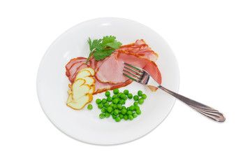 Sliced ham and smoked cheese with green peas