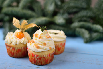 choice of three cupcakes on a blue wooden background