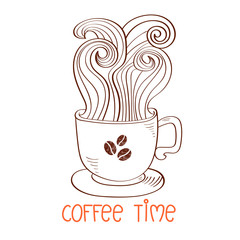 Coffee time vector illustration. Doodle cup of hot coffee isolated on white background.