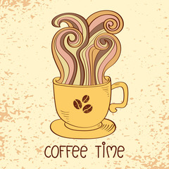 Doodle coffee cup with aroma steam. Cute vecotr illustration. 