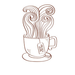 Doodle cup of tea with swirl steam and teabags label. Sketchy vector illustration. 
