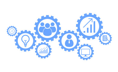 Business mechanism concept. Abstract background with connected gears and icons for strategy, research, concepts. Vector