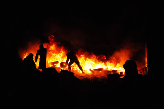 Protester Refugee Burn Tires To Stop The Riot Police. Street Fights In Kyiv, Ukraine. Ukraine Crisis. Fires Of A Revolution.