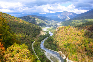Fototapeta na wymiar Aerial view of mountain river in fall.