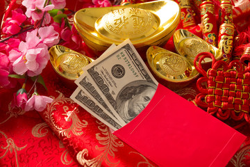 Chinese new year red packet with dollars inside