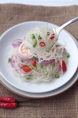 Spicy vermicelli salad with prawn, Thai food