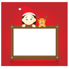 Santa claus and reindeer holding wood board vector