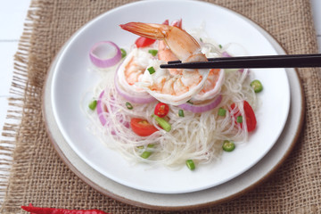 Spicy vermicelli salad with prawn, Thai food