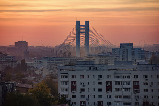 Bucharest sunset with view over Bsarab bridge