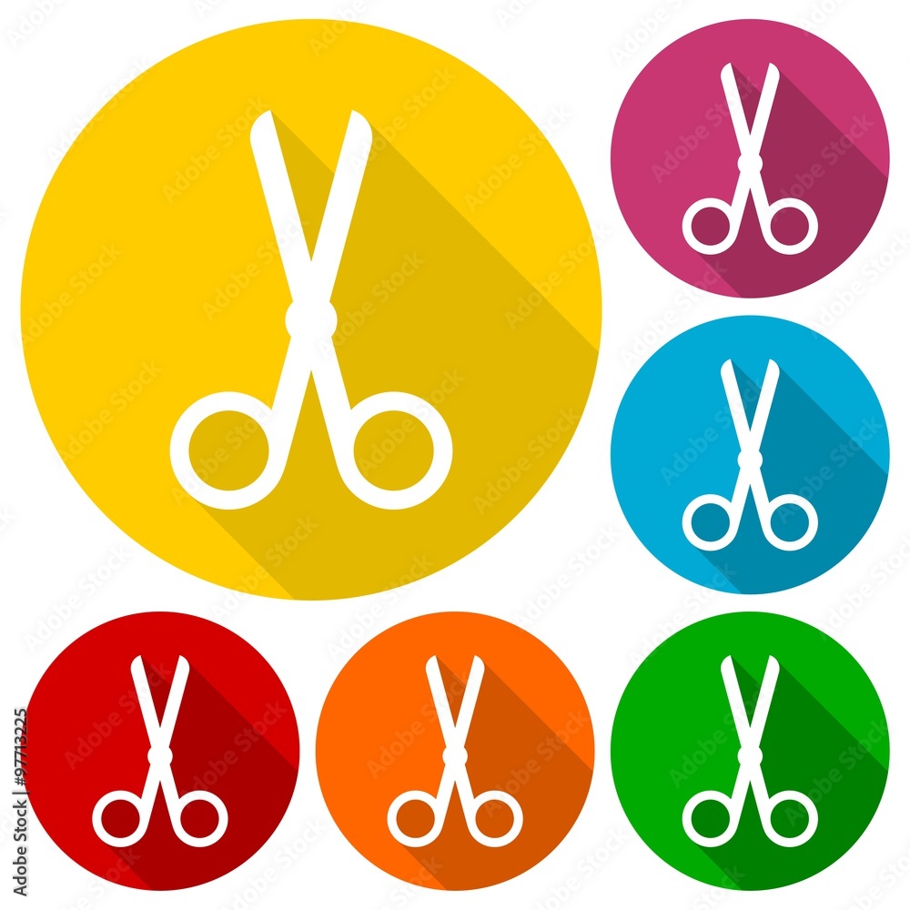 Poster simple scissors symbol icons set with long shadow