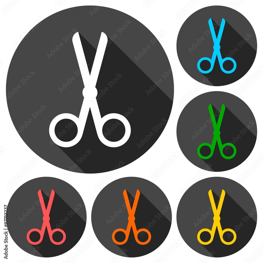 Poster simple scissors symbol icons set with long shadow